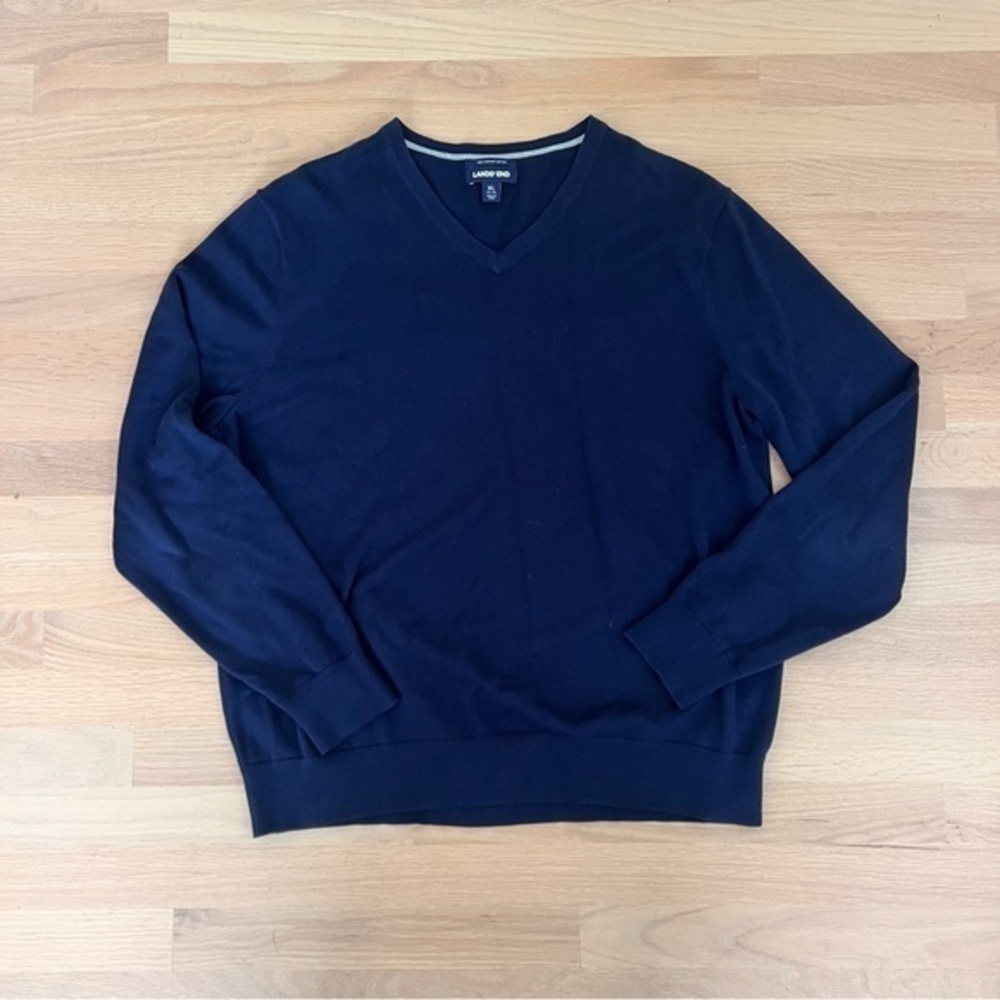 LANDS END Navy Blue 100% Supima Cotton V-Neck SWEATER SZ XL 46-48